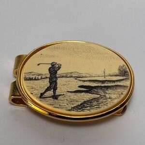 Vintage Barlow Golfer Pen or Money Clip Scrimshaw Etches Signed